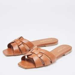 Pre Owned Saint Laurent Brown Leather Tribute Flat Slides Size 37.5