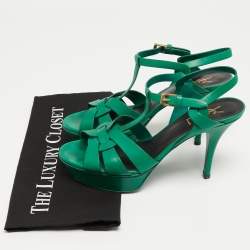 Pre Owned Saint Laurent Green Leather Tribute Ankle Strap Sandals Size 39