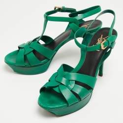 Pre Owned Saint Laurent Green Leather Tribute Ankle Strap Sandals Size 39