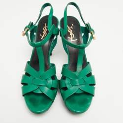 Pre Owned Saint Laurent Green Leather Tribute Ankle Strap Sandals Size 39