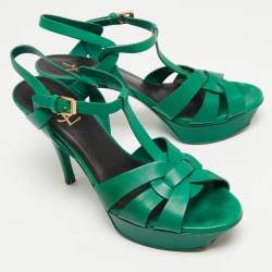 Pre Owned Saint Laurent Green Leather Tribute Ankle Strap Sandals Size 39