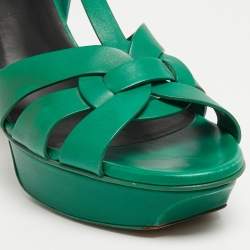 Pre Owned Saint Laurent Green Leather Tribute Ankle Strap Sandals Size 39