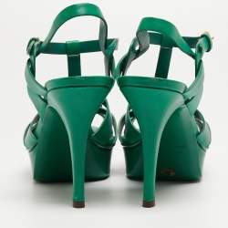 Pre Owned Saint Laurent Green Leather Tribute Ankle Strap Sandals Size 39