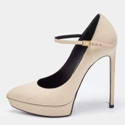 مملوكة مسبقًا Saint Laurent Beige Leather Janis Mary Jane Pumps Size 37.5