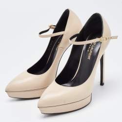 مملوكة مسبقًا Saint Laurent Beige Leather Janis Mary Jane Pumps Size 37.5