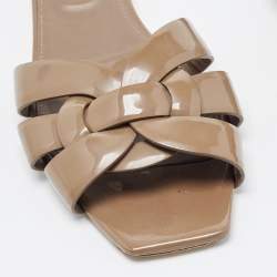 Saint Laurent Brown Patent Leather Tribute Flat Slides Size 40