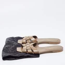 Saint Laurent Brown Patent Leather Tribute Flat Slides Size 40