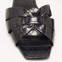 Saint Laurent Black Croc Embossed Leather Tribute Flat Slides Size 39