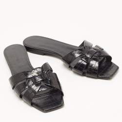 Saint Laurent Black Croc Embossed Leather Tribute Flat Slides Size 39