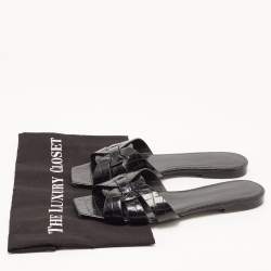 Saint Laurent Black Croc Embossed Leather Tribute Flat Slides Size 39