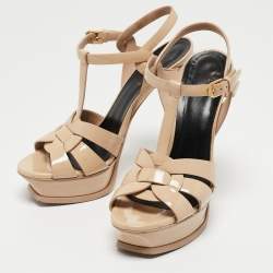 Pre Owned Saint Laurent Paris Beige Patent Leather Tribute Platform Ankle Strap Sandals Size 38