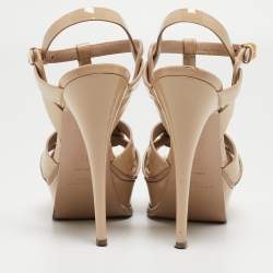 Saint Laurent Paris Beige Patent Leather Tribute Platform Ankle Strap Sandals Size 38