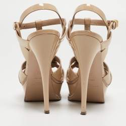 Pre Owned Saint Laurent Paris Beige Patent Leather Tribute Platform Ankle Strap Sandals Size 38