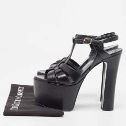 Pre Owned Saint Laurent Black Leather Platform Block Heel Ankle Strap Tribute Sandals Size 38.5