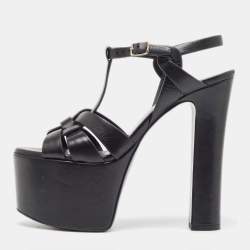 Pre Owned Saint Laurent Black Leather Platform Block Heel Ankle Strap Tribute Sandals Size 38.5