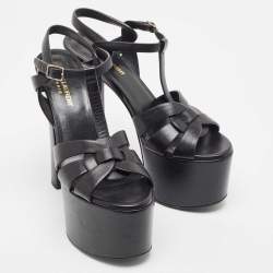 Pre Owned Saint Laurent Black Leather Platform Block Heel Ankle Strap Tribute Sandals Size 38.5