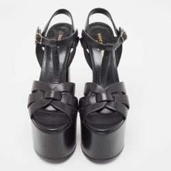 Pre Owned Saint Laurent Black Leather Platform Block Heel Ankle Strap Tribute Sandals Size 38.5