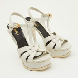 Saint Laurent Off White Leather Tribute Ankle Strap Sandals Size 38