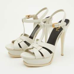 Saint Laurent Off White Leather Tribute Ankle Strap Sandals Size 38