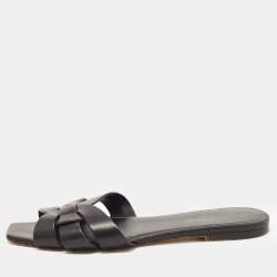 Saint Laurent Black Leather Tribute Flat Slides Size 39