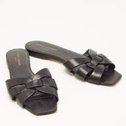 Saint Laurent Black Leather Tribute Flat Slides Size 39