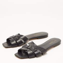 Saint Laurent Black Leather Tribute Flat Slides Size 39