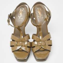Pre Owned Saint Laurent Olive Green Patent Leather Tribute Sandals Size 37
