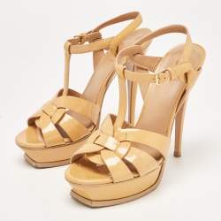 Pre Owned Saint Laurent  Beige Patent Tribute  Sandals Size 40