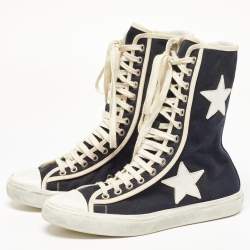 Saint Laurent Black/White Canvas and Leather Star Applique High Top Sneakers Size 37.5