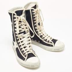 Saint Laurent Black/White Canvas and Leather Star Applique High Top Sneakers Size 37.5