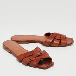 Pre Owned Saint Laurent Brown Leather Tribute Slides Size 36