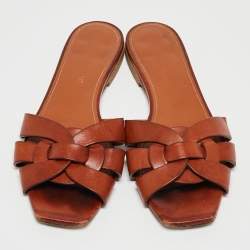 Pre Owned Saint Laurent Brown Leather Tribute Slides Size 36