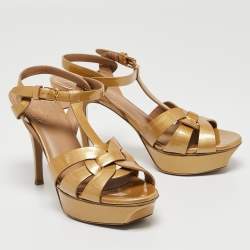 Pre Owned Saint Laurent Mustard Patent Leather Tribute Sandals Size 37.5