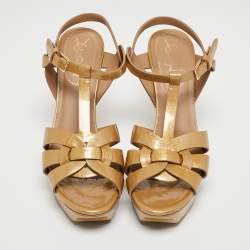 Pre Owned Saint Laurent Mustard Patent Leather Tribute Sandals Size 37.5