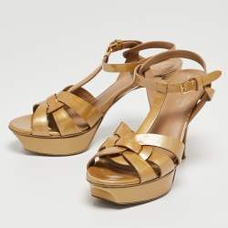 Pre Owned Saint Laurent Mustard Patent Leather Tribute Sandals Size 37.5