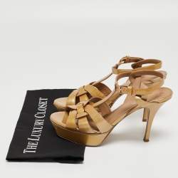 Pre Owned Saint Laurent Mustard Patent Leather Tribute Sandals Size 37.5
