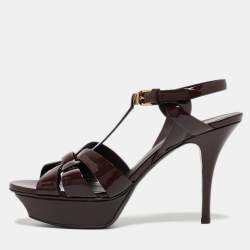 Pre Owned Saint Laurent Burgundy Patent Leather Tribute Sandals Size 37.5