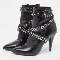 Pre Owned Saint Laurent Black Leather Studded Fetish Ankle Booties Size 39.5