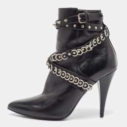 Pre Owned Saint Laurent Black Leather Studded Fetish Ankle Booties Size 39.5