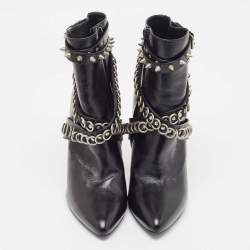 Pre Owned Saint Laurent Black Leather Studded Fetish Ankle Booties Size 39.5