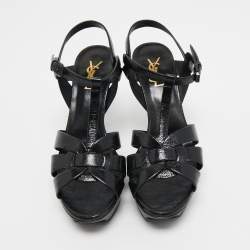 Pre Owned Saint Laurent Black Leather Tribute Ankle Strap Sandals Size 39