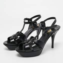 Pre Owned Saint Laurent Black Leather Tribute Ankle Strap Sandals Size 39