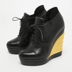 Saint Laurent Black Leather Robyn Wedge Booties Size 36