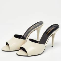 Pre Owned Saint Laurent Off White Leather Slide Sandals Size 38
