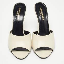 Pre Owned Saint Laurent Off White Leather Slide Sandals Size 38