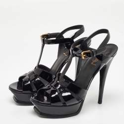 Pre Owned Saint Laurent Black Patent Leather Tribute Ankle Strap Sandals Size 37.5
