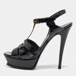 Pre Owned Saint Laurent Black Patent Leather Tribute Ankle Strap Sandals Size 37.5