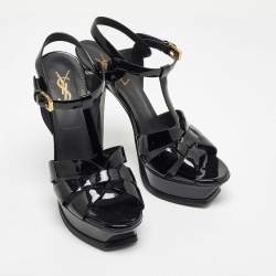 Pre Owned Saint Laurent Black Patent Leather Tribute Ankle Strap Sandals Size 37.5