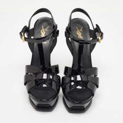 Pre Owned Saint Laurent Black Patent Leather Tribute Ankle Strap Sandals Size 37.5