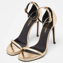 مملوكة مسبقًا Saint Laurent Metallic Gold Lizard Embossed Leather Jane Ankle-Strap Sandals Size 38